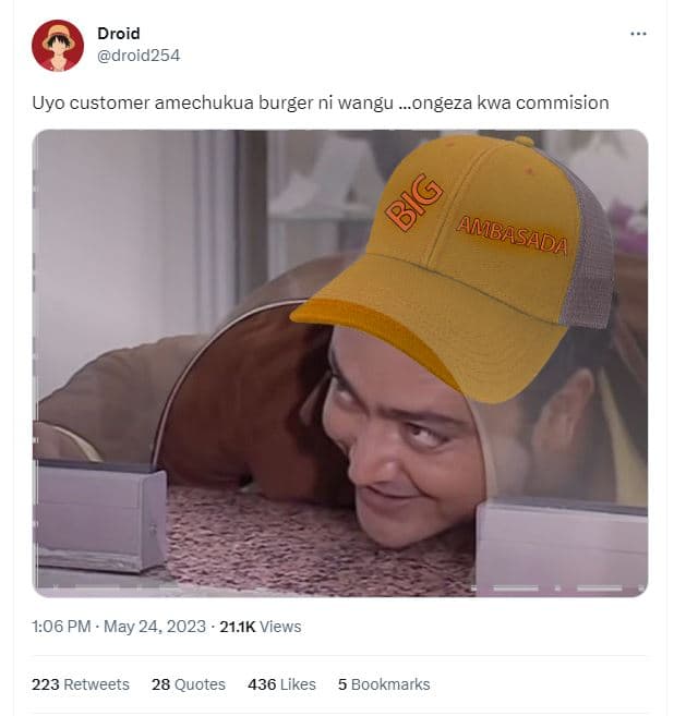 Droid droid254 uyo customer amechukua burger ni wangu _ongeza kwa commision 1.06