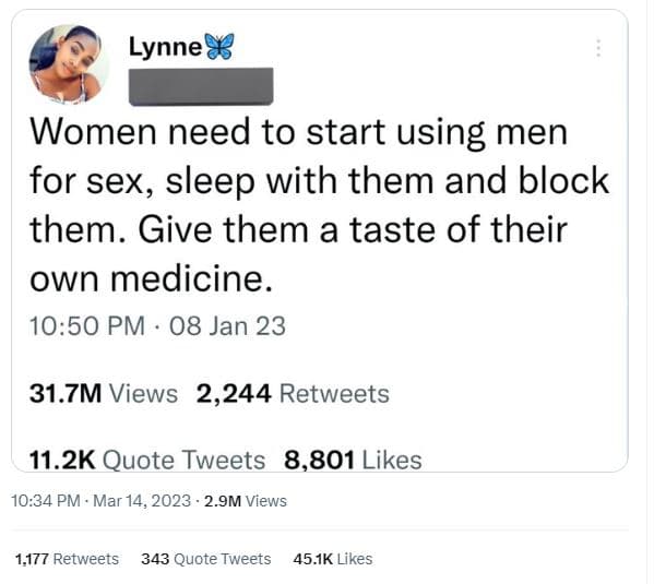 Lynne women need to start using men for sex, sleep with them and block them. giv