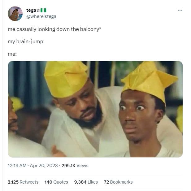 Tegazl whereistega me casually looking down the balcony my brain jump! me 12.19