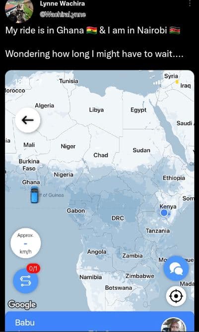 Lynne wachira wadhialgung my ride is in ghana am in nairobi wondering how long m