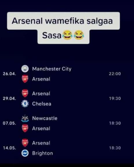 Arsenal wamefika salgaa sasa manchester city 26 04 . 2200 arsenal arsenal 29 04.