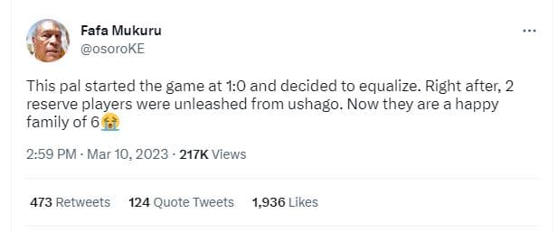 Fafa mukuru osoroke this pal started the game at 10 and decided to equalize. rig