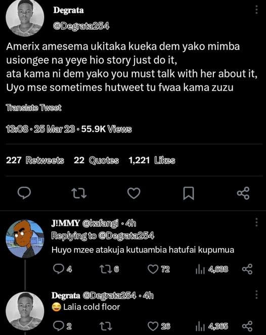 Degrata degrada254 amerix amesema ukitaka kueka dem yako mimba usiongee na yeye