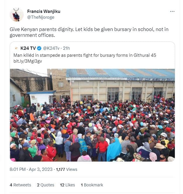 Francis wanjiku thenjoroge give kenyan parents dignity. let kids be given bursar