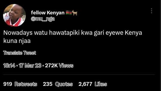 Fellow kenyan muga nowadays watu hawatapiki kwa gari eyewe kenya kuna njaa trans