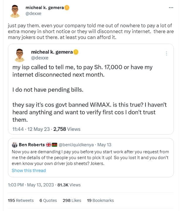 Micheal k. gemera dexxe just pay them. even your company told me out of nowhere