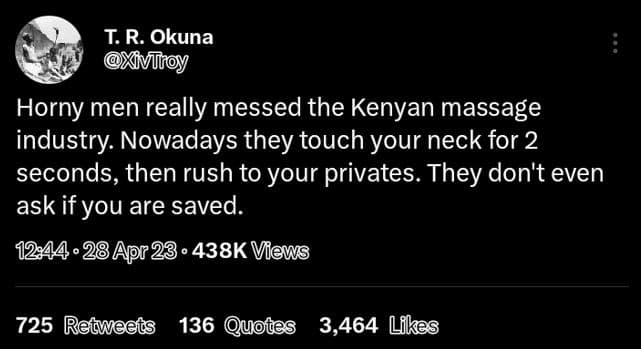 T.r. okuna xviiroy horny men really messed the kenyan massage industry nowadays