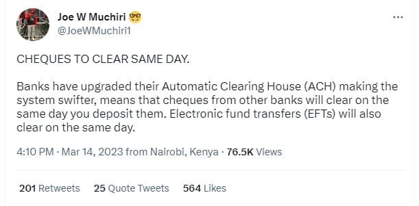 Joe w muchiri joewmuchiril cheques to clear same day banks have upgraded their a