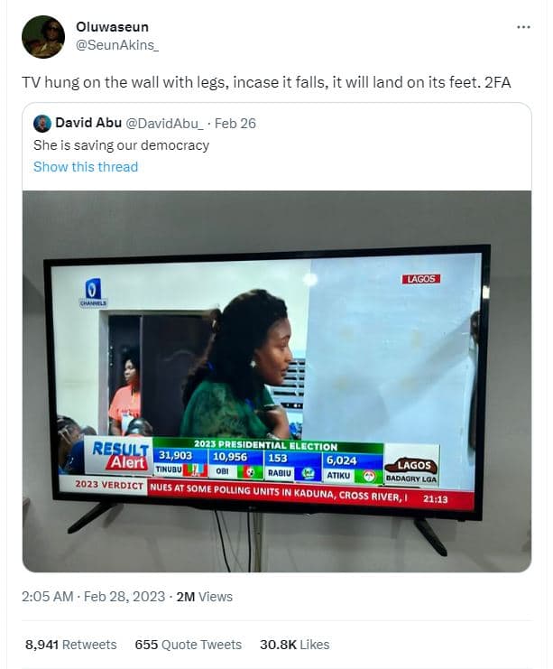 Oluwaseun seunakins _ tv hung on the wall with legs, incase it falls, it will la