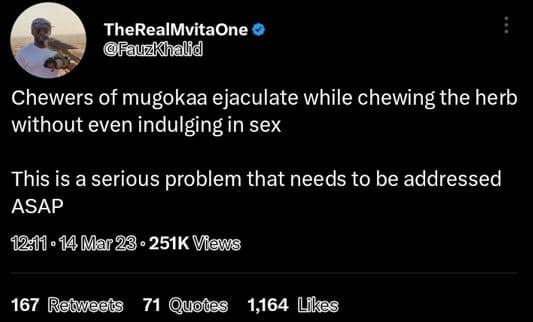 Therealmvitaone fauzkhalid chewers of mugokaa ejaculate while chewing the herb w