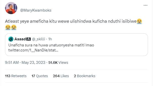 Marykwamboks atleast yeye ameficha kitu wewe ulishindwa kuficha nduthi isiibiwe