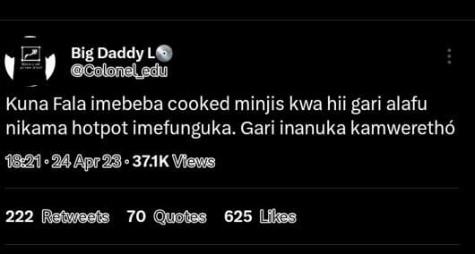 Big daddy l coloncldy kuna fala imebeba cooked minjis kwa hii gari alafu nikama