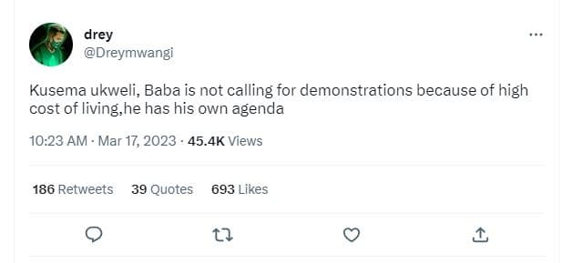 Drey dreymwangi kusema ukweli baba is not calling for demonstrations because of