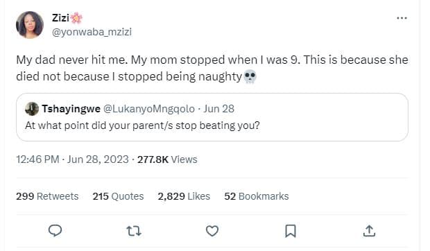 Zizi yonwaba_mzizi my dad never hit me. my mom stopped when was 9. this is becau