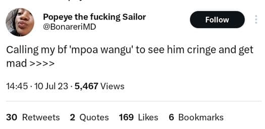 Popeye the fucking sailor bonarerimd follow calling my bf 'mpoa wangu' to see hi