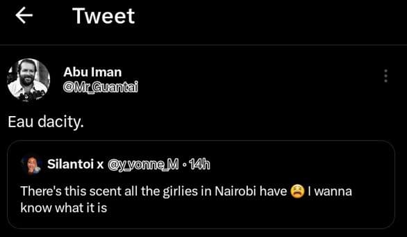 Tweet abu iman mrguantai eau dacity. silantoi x yyonnem 1h there's this scent al