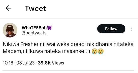 Tweet whotfsbobw bobtweets follow nikiwa fresher niliwai weka dreadi nikidhania