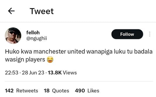 Tweet felloh ngughii follow huko kwa manchester united wanapiga luku tu badala w