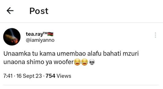 Post tea raytm iamiyanno unaamka tu kama umembao alafu bahati mzuri unaona shimo