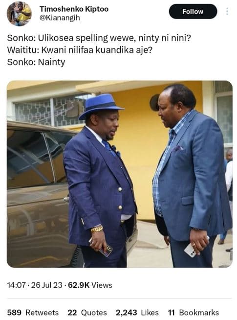 Timoshenko kiptoo kianangih follow sonko ulikosea spelling wewe, ninty ni nini?