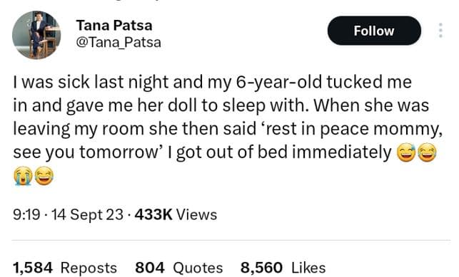 Tana patsa tana_patsa follow was sick last night and my 6yearold tucked me in an