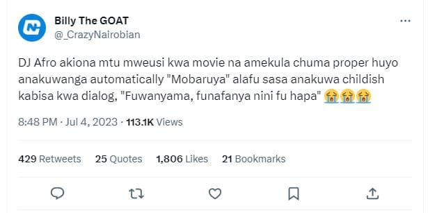 Billy the goat _crazynairobian dj afro akiona mtu mweusi kwa movie na amekula ch