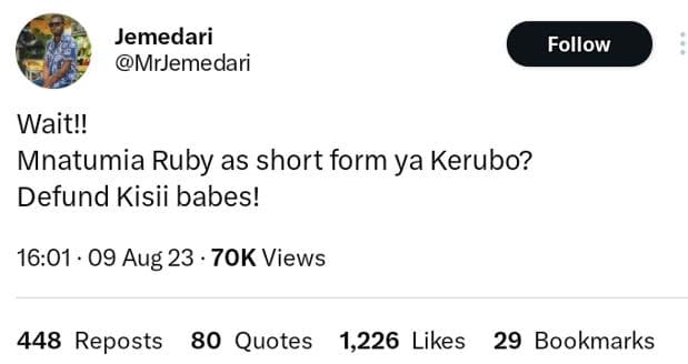 Jemedari mrjemedari follow wait! mnatumia ruby as short form ya kerubo? defund k