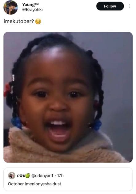 Youngrm brayohki follow imekutober? cxk crkinyani 17h october imenionyesha dust