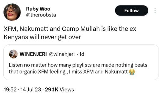 Ruby woo theroobsta follow xfm, nakumatt and camp mullah is like the ex kenyans