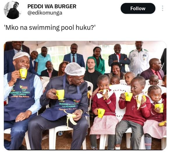 Peddi wa burger edikomunga follow 'mko na swimming pool huku?' ac