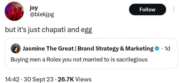 Joy blekjpg follow but it's just chapati and egg jasmine the great brand strateg