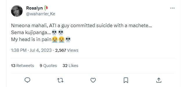 Rosalyn waharrier_ke nmeona mahali, ati a guy committed suicide with a machete_