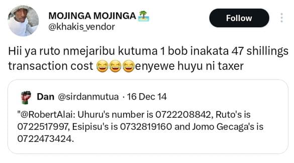 Mojinga mojinga khakis_vendor follow hii ya ruto nmejaribu kutuma 1 bob inakata