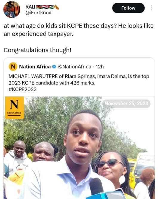 Kav ifortknox follow at what age do kids sit kcpe these days? he looks like an e