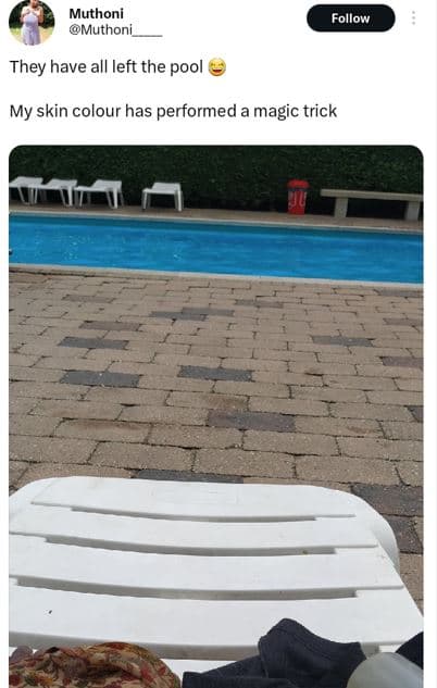 Muthoni muthoni follow they have all left the pool my skin colour has performed