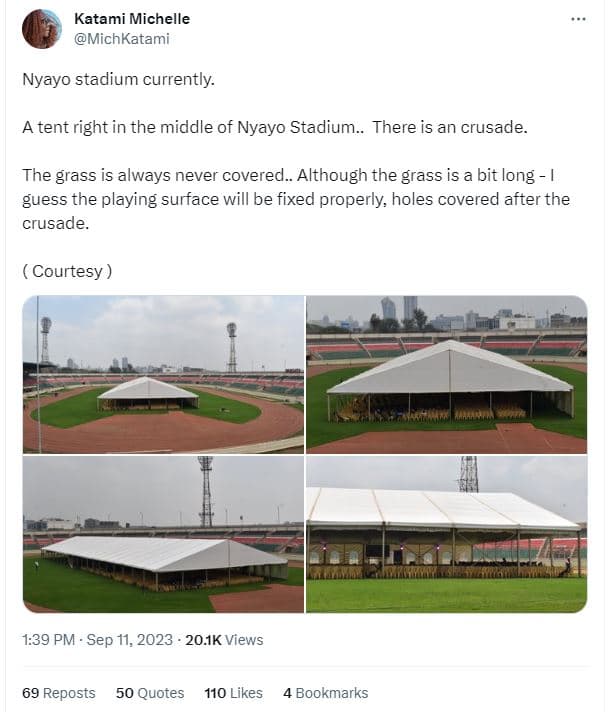 Katami michelle michkatami nyayo stadium currently. a tent right in the middle o