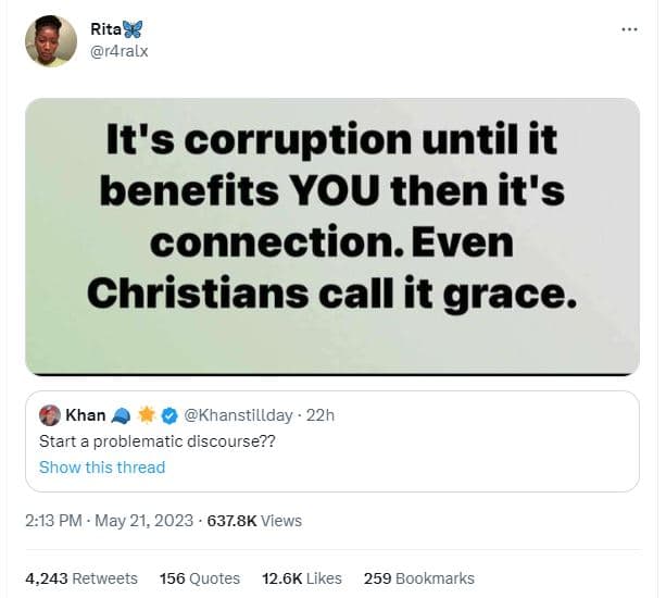 Rita9 r4ralx it's corruption until it benefits you then it's connection. even ch