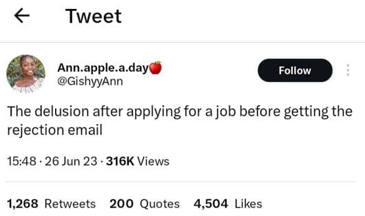 Tweet ann.apple.a.day gishyyann follow the delusion after applying for a job bef