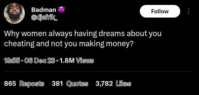 Badman djafvik follow why women always having dreams about you cheating and not