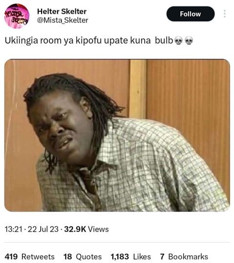 Helter skelter mista_ skelter follow ukiingia room ya kipofu upate kuna bulb 13.