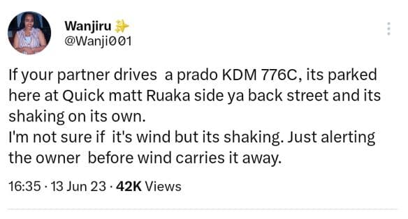 Wanjiru wanjio01 if your partner drives prado kdm 776c, its parked here at quick