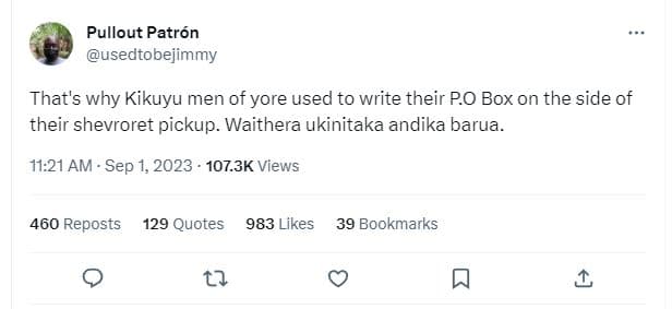 Pullout patrón usedtobejimmy that's why kikuyu men of yore used to write their p