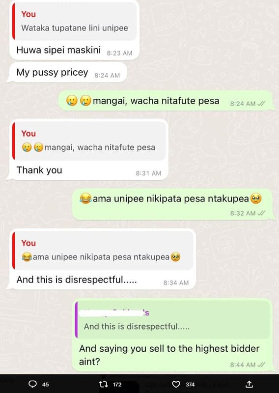 You wataka tupatane lini unipee huwa sipei maskini 823 am my pussy pricey 8.24 a