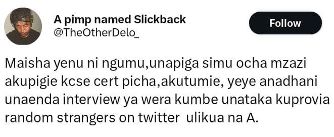 A pimp named slickback theotherdelo follow maisha yenu ni ngumu,unapiga simu och
