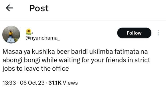Post follow nyanchama masaa ya kushika beer baridi ukiimba fatimata na abongi bo