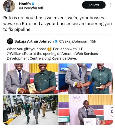 Hanifa honeyfarsafi follow ruto is not your boss we mzee we're your bosses wewe