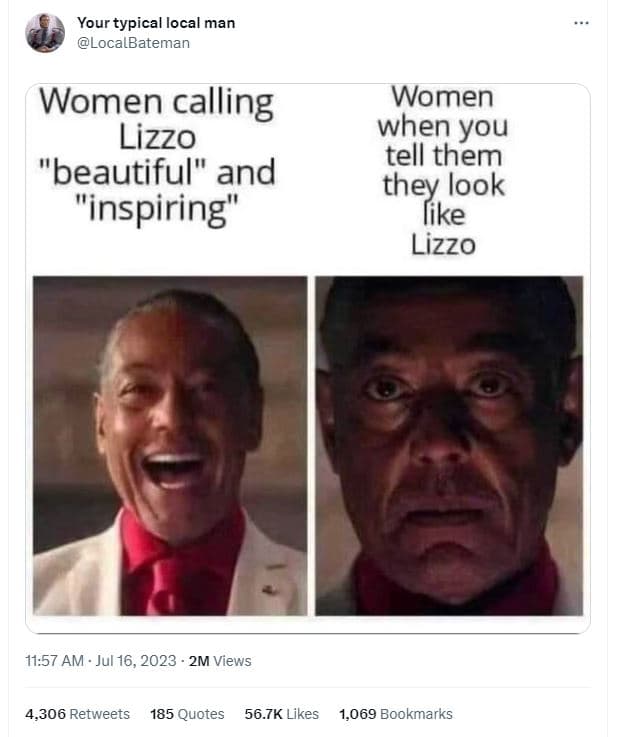 Your typical loca man localbateman women calling lizzo beautiful and inspiring w