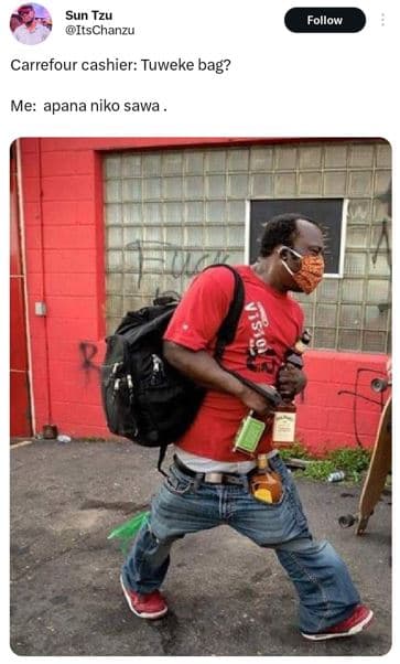 Sun tzu itschanzu follow carrefour cashier tuweke bag? me apana niko sawa