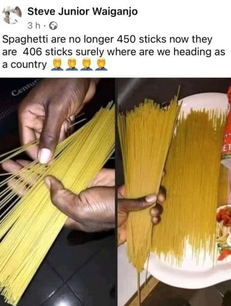 Steve junior waiganjo 3h . spaghetti are no longer 450 sticks now they are 406 s