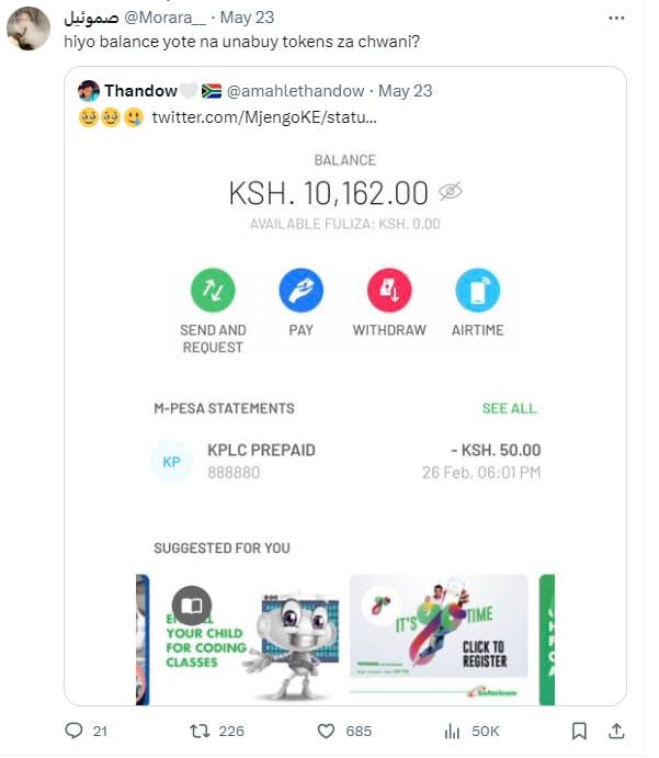 Js,ae morara may 23 hiyo balance yote na unae buy 7 tokens za chwani? thandow am